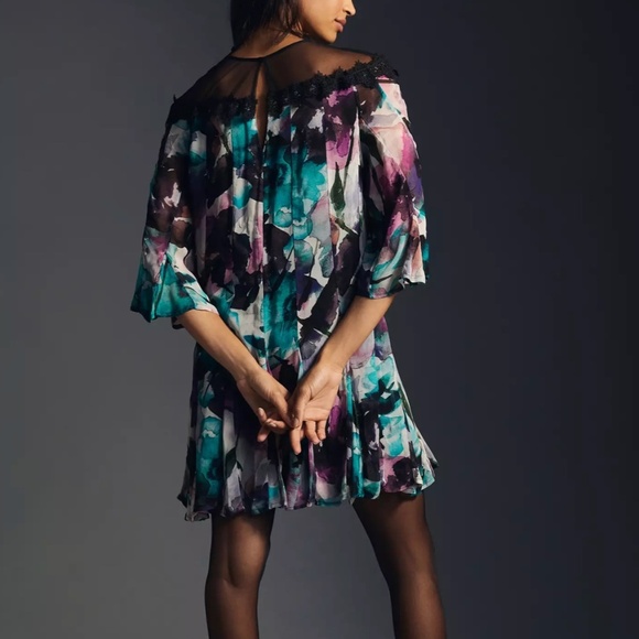 NWT Anthropologie Floral Flutter Sleeve Dress - SZ XXS - Black/Purple - $170 - Picture 2 of 10